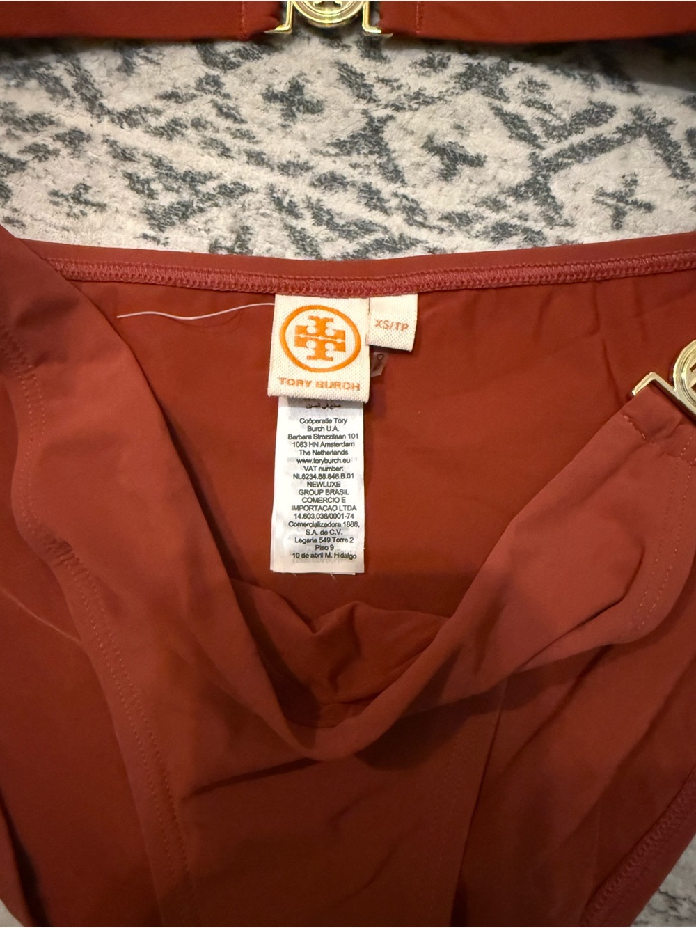 Tory Burch Rust Red Triangle Bikini with Gold Logo Accents - Picture 2 of 4